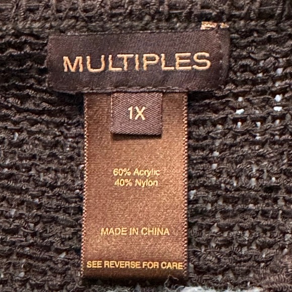 Multiples 1X Brown Knit Long Sleeve Sweater Cowl Neck Crochet Collar Fringe Trim - Picture 3 of 4